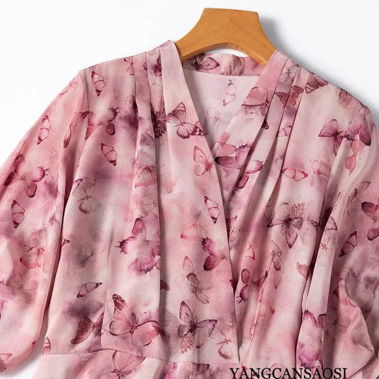 French Artistic Pink Purple Butterfly Printing 1.2-meter Extended Large Skirt Hem 100% Natural Mulberry Silk Women's Dress