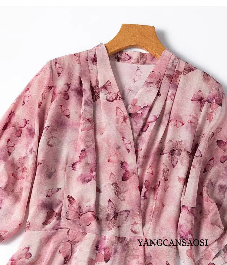 French Artistic Pink Purple Butterfly Printing 1.2-meter Extended Large Skirt Hem 100% Natural Mulberry Silk Women's Dress