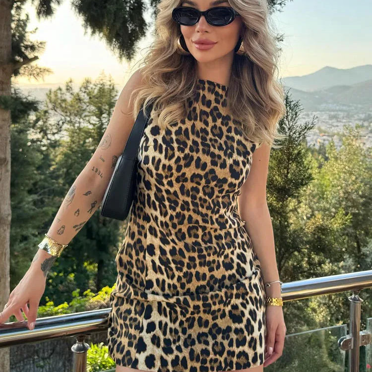 TRAFZA Summer Chic Leopard Print Sexy Women's Mini Dress Retro Round Neck Sleeveless Zipper Decoration Women's Party Dress Y2K