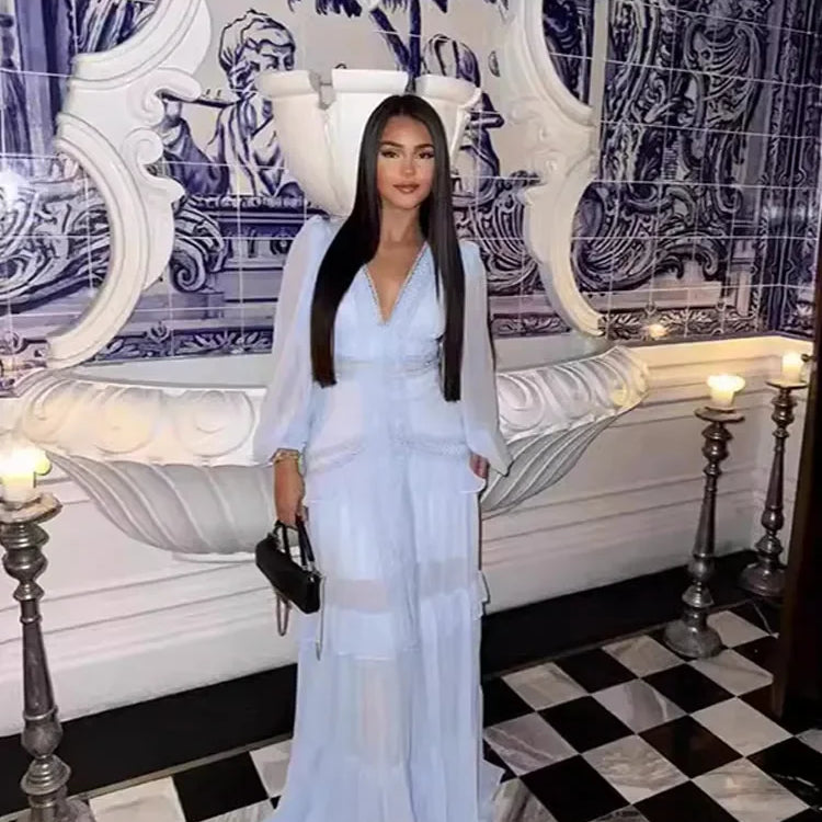 Women Elegant Layered Ruffles Patchwork Long Dress Chic V Neck Puff Full Sleeves Split Maxi Dresses Fashion Lady Party Robes Light blue