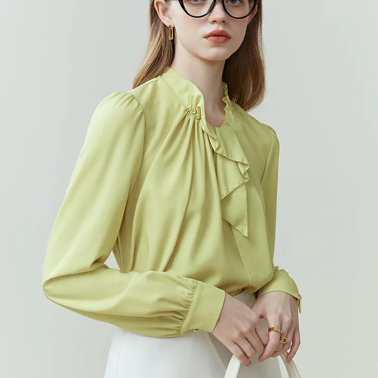 French Long-sleeved Vintage Shirt for Women Spring Summer Niche Style Wood Ear Design Commuter Solid Shirt Office Lady