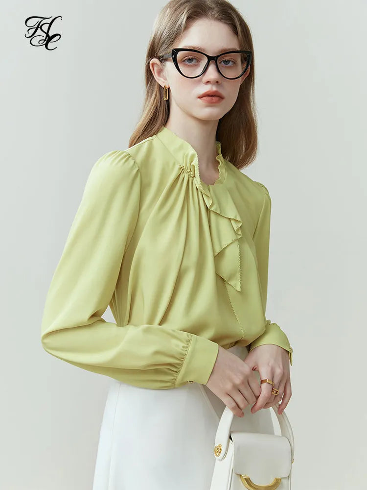 French Long-sleeved Vintage Shirt for Women Spring Summer Niche Style Wood Ear Design Commuter Solid Shirt Office Lady