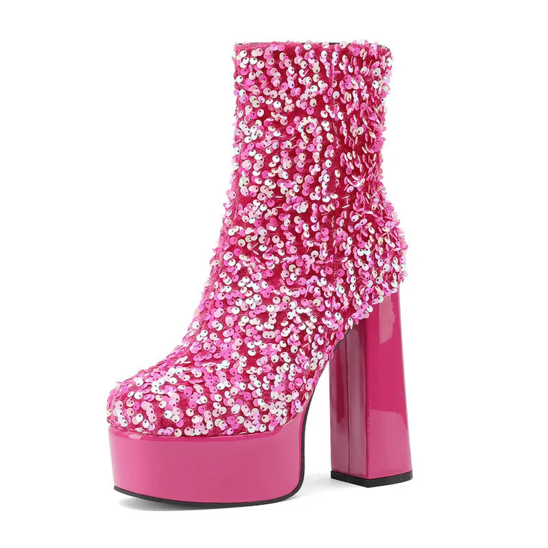 Ny mode sequined Women Boots Platform Square High Heel Ankle Boots Autumn Winter Female Punk Boots Purple Blue Pink Gold