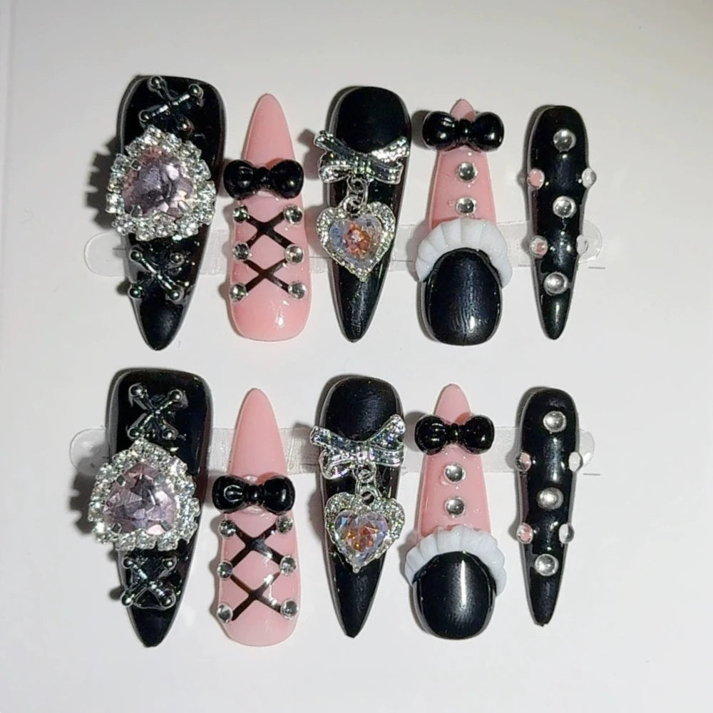24Pcs Black Fake Nails Love Diamond Mid-length Almond Handmade Nail with Bowtie Sweet Cool Y2k Art Wearable Full Cover Press On