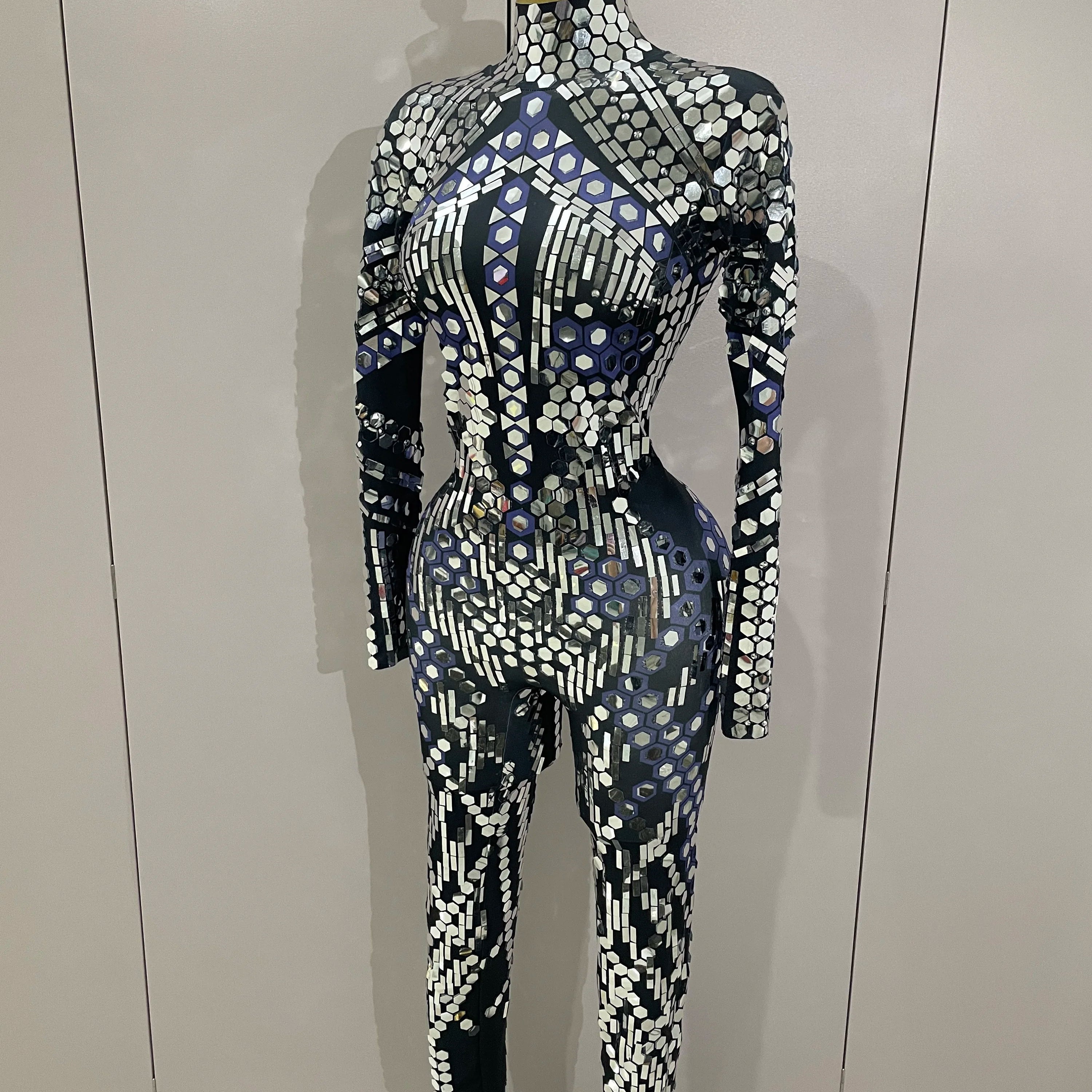 Sexy Shiny Silver Sequins Mirror Black Spandex Jumpsuit 2025 Women Prom Dancer Singer Costume Evening Birthday Show Stage Outfit