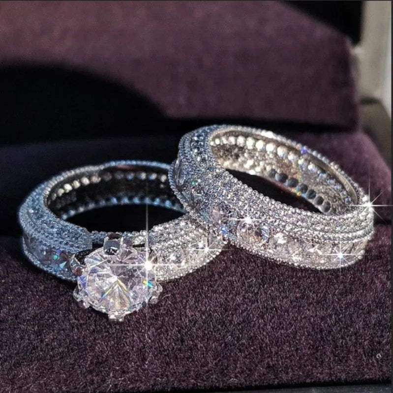 Sparkling Silver Color Cubic Zirconia Wedding Rings Set for Women Elegant Couples Engagement Ring Banquet Party Jewelry