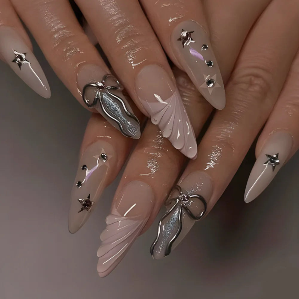 24Pcs Mid-length Almond Press on Fake Nails 3D Irregular Metal Smudge Design Full Cover Nails Tips Reusable Finished False Nails