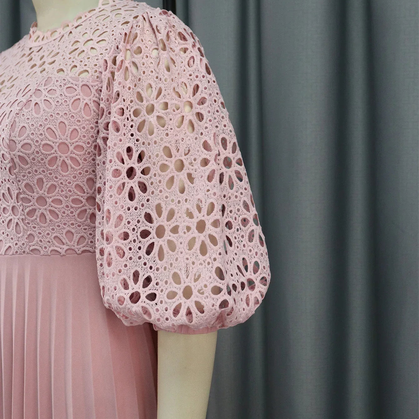 Women Elegant Summer White Pleated Dress Plus Size Hollow Out Lace Sleeve Midi Dresses Elegant Party Birthday Church Outfits