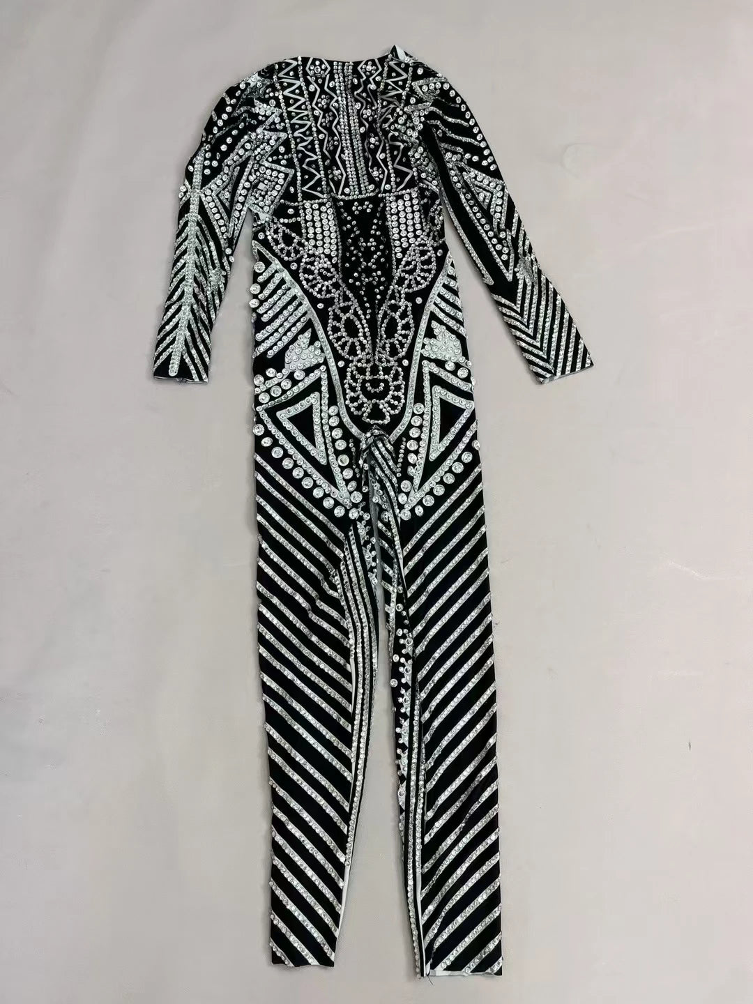 Fancy Sexy Black White Striped Printing Rhinestone Jumpsuit Bar Nightclub Stage Performance Bodycon Leggings for Women Mawenku