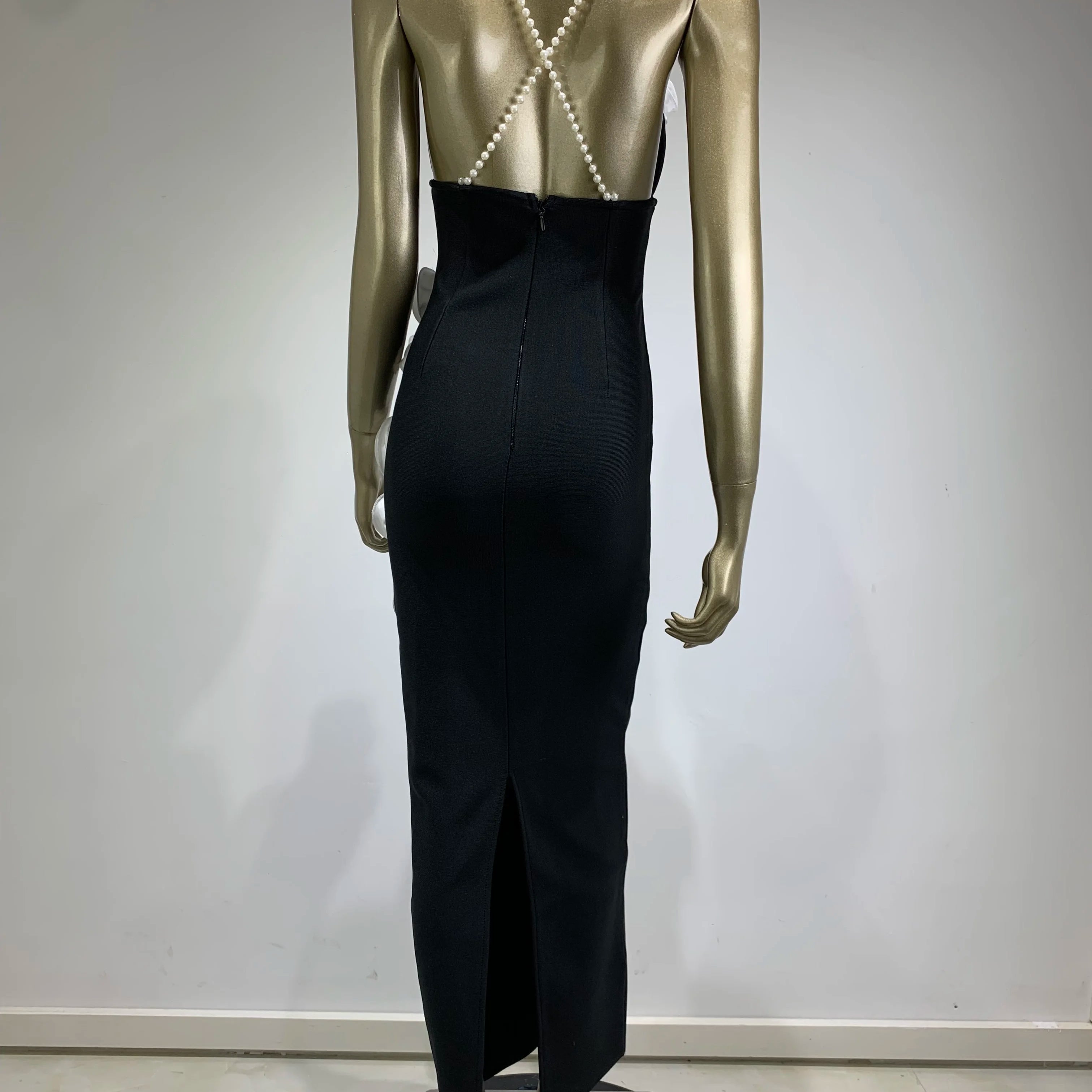 Women Celebrity Sexy Backless Pearl Black Flower Patchwork Maxi Long Bodycon Bandage Dress 2024 Elegant Evening Club Party Dress