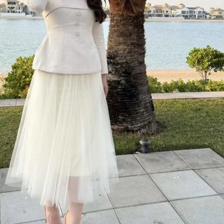 TWOTWINSTYLE Solid Two Piece Set For Women Diagonal Collar Long Sleeve Tunic Top High Waist Pleated Skirt Elegant Sets Female