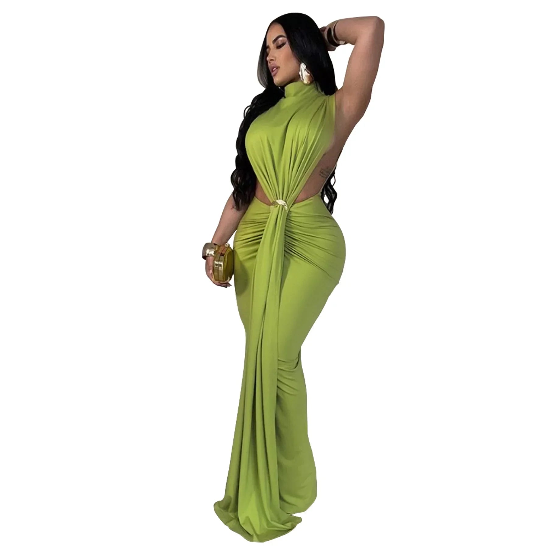 CM.YAYA Women O-neck High Split Ruched Stacked Bodycon Midi Maxi Dress 2024 Evening Party Club Vestidos Sexy Chic Long Dresses