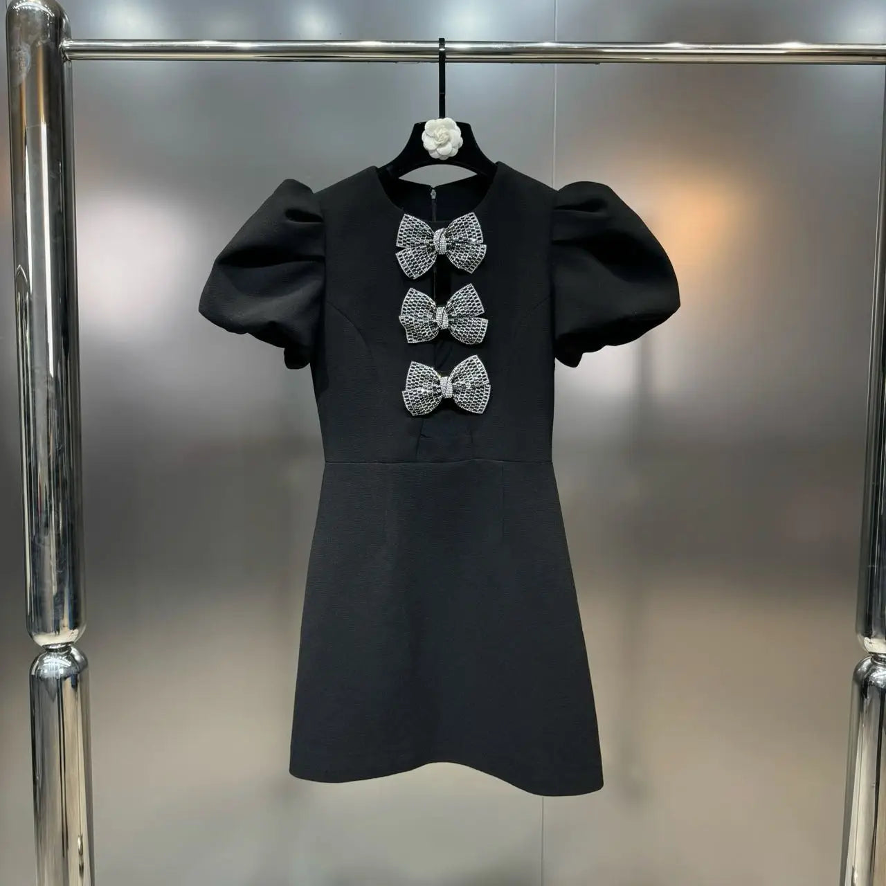 DEAT Fashion New Items Women's Diamonds Bows Hollow Out Spring Trendy Round Neck Puff Sleeves Dresses Female 11XX8796 Black
