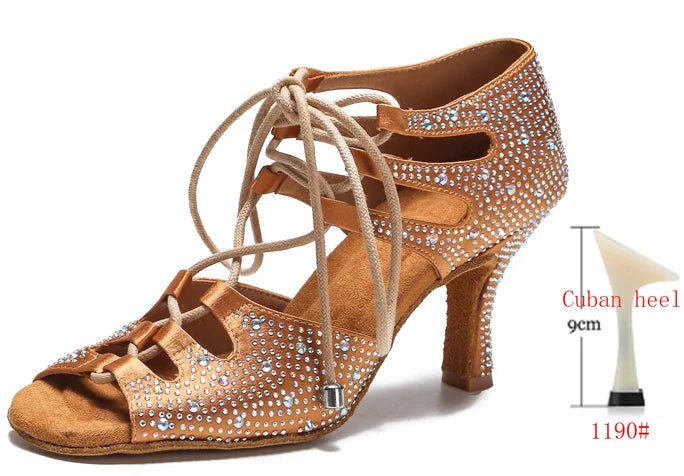 di seta donna scarpe da ballo latino fondo morbido sandali da donna Tango Party Dance Shoes scarpe da sposa con strass bronze heel 9CM