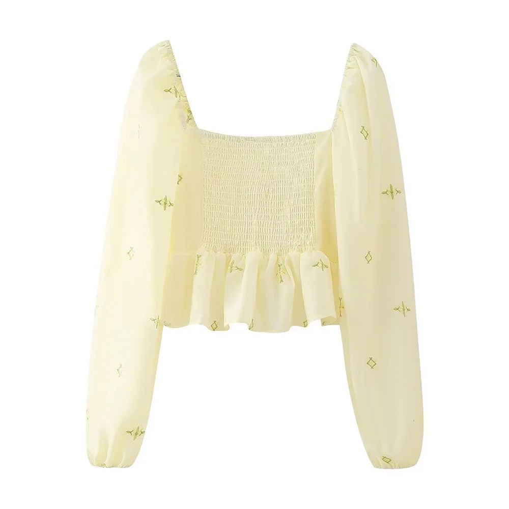 Square Neck Long Sleeve Top for Women, Embroidered Short Top, Sweet Casual Fashion, Early Spring, New