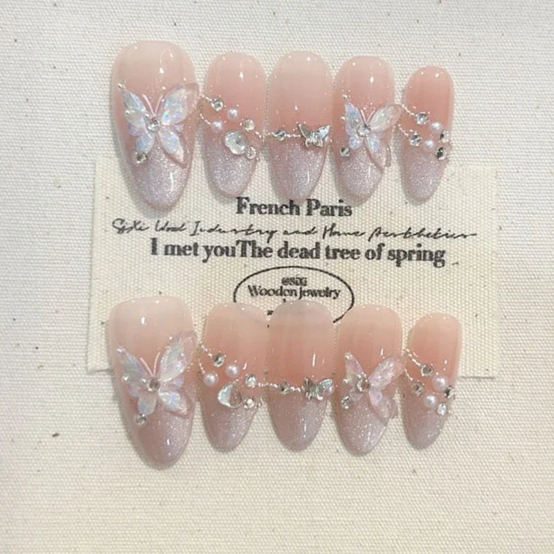 10Pcs Autumn New Short Oval Wearing False Nails Wine Red Cat Eye French Shiny Manicure 3D White Flowers Stick on Nails Fashion