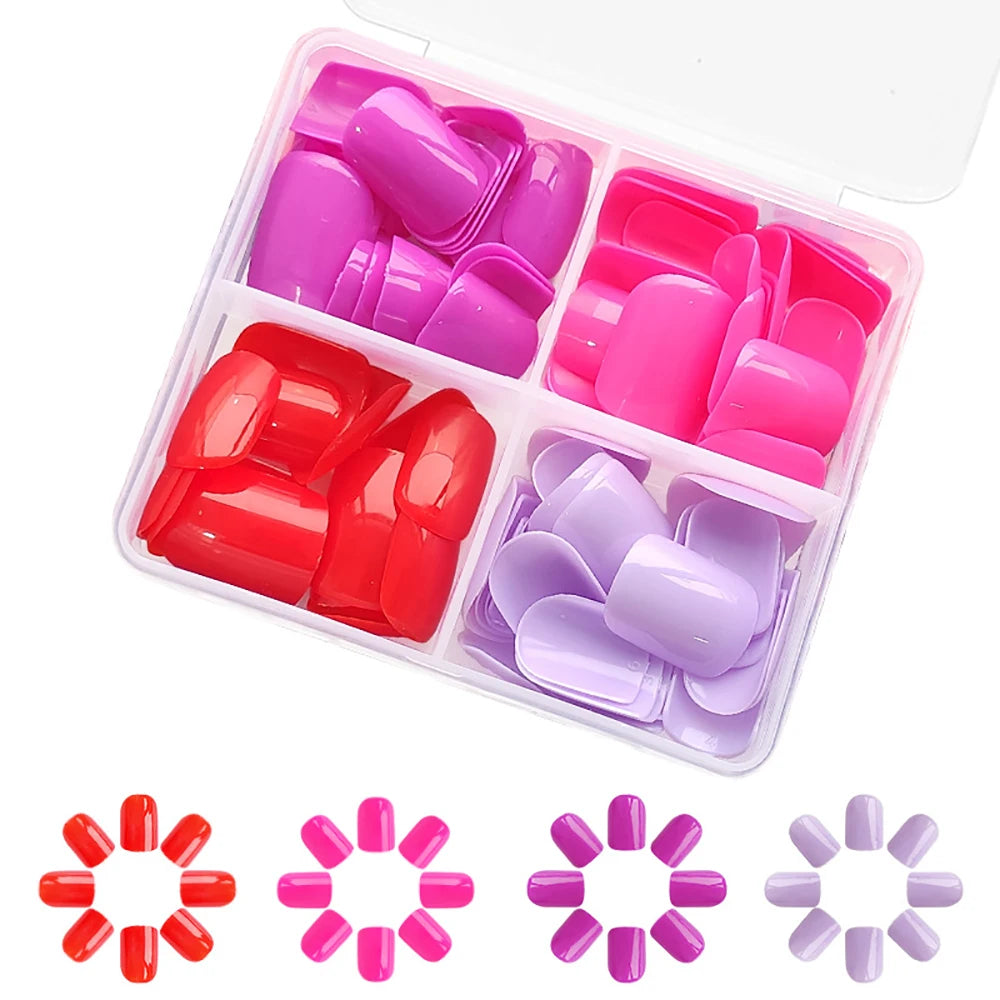 96pcs/set short square fake nails glossy summer 4 colors pink red purple green blue faux ongles press on charm false nail kit