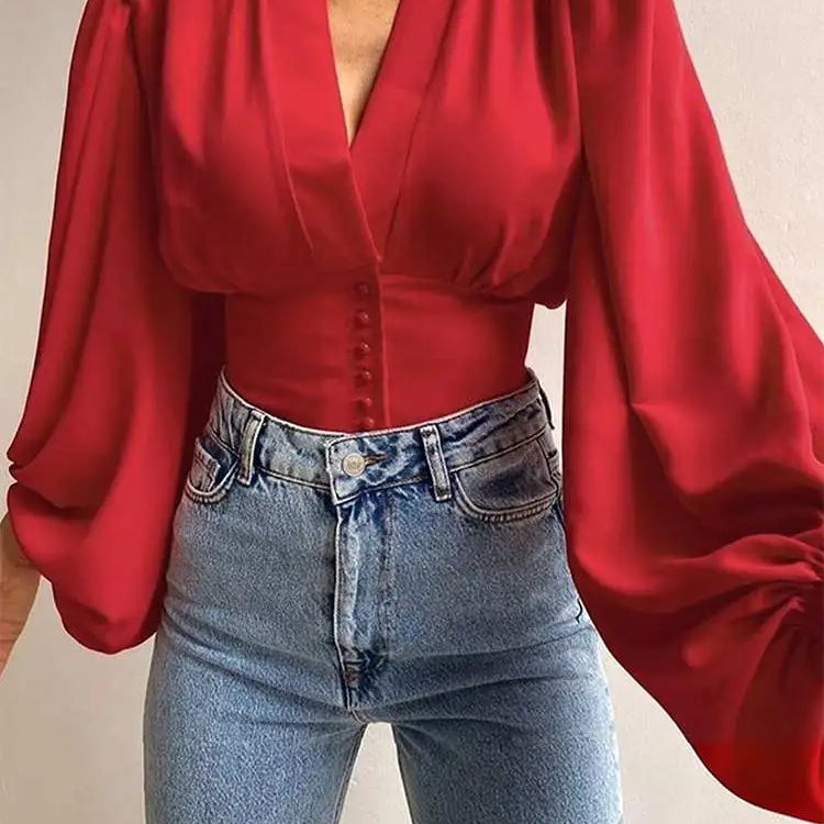 Vintage Blouses for Women Fashion Lantern Long Sleeve Buttons Front Crop Tops Sexy V-neck Shirts French Party Blusas A-Red