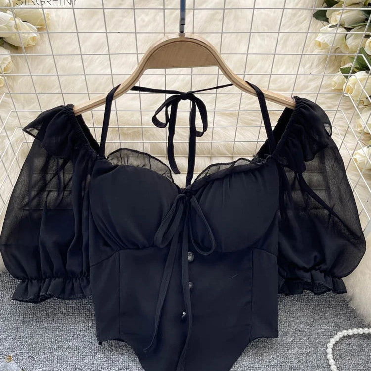 Flare Sleeve Women Tops Ruffle Solid Elastic Waist Halter Backless Chiffon Slim Ladies Harajuku Sexy Short Blouse short black One Size
