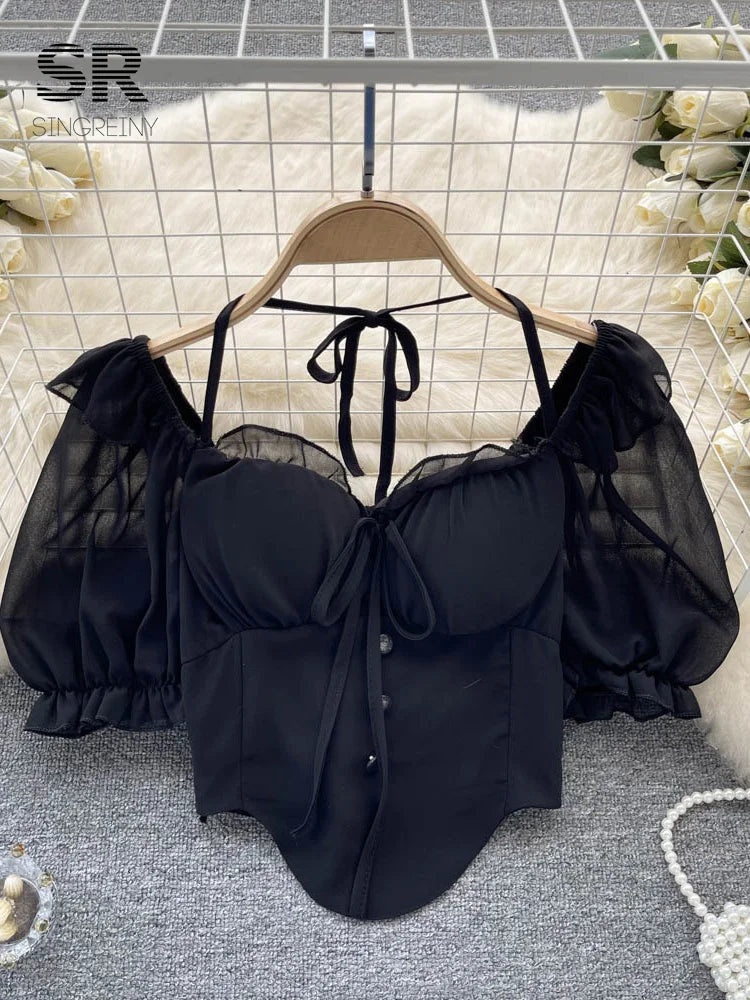Flare Sleeve Women Tops Ruffle Solid Elastic Waist Halter Backless Chiffon Slim Ladies Harajuku Sexy Short Blouse short black One Size