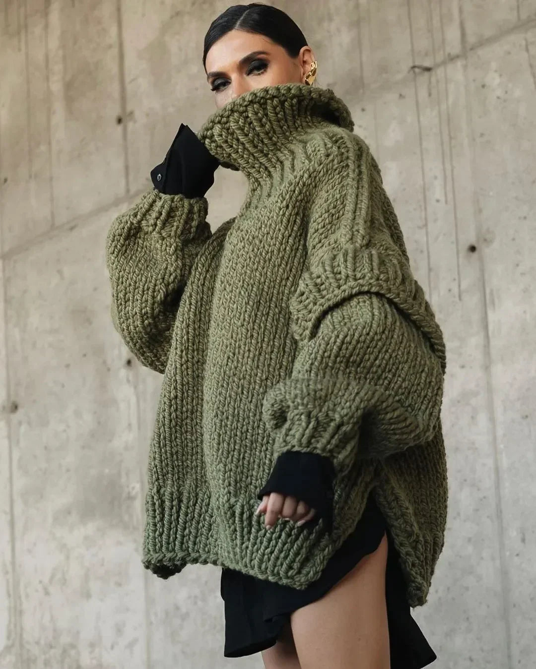Solid Knit Turtlrneck Double Lantern Sleeve Women Pullover Thick Warm Oversized Loose Top Sweater 2023 Fall Winter Chic Knitwear CYD8654-AG