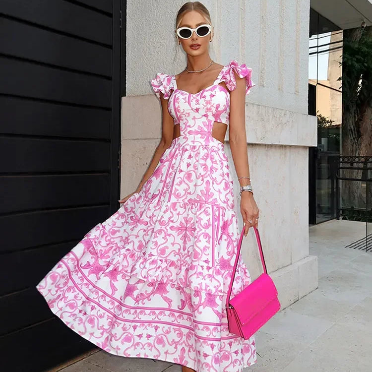 Shoulder Pads Print Hollow Out Maxi Dress Bohe Square Neck Flying Sleeve Backless Dresses Lady Chic Beach Holiday Robes Pink
