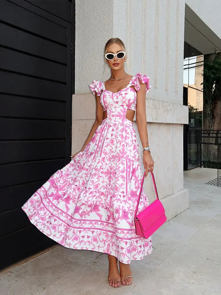 Shoulder Pads Print Hollow Out Maxi Dress Bohe Square Neck Flying Sleeve Backless Dresses Lady Chic Beach Holiday Robes Pink