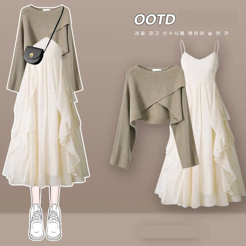 Women's Fashion Dress Matching Set Autumn Winter New Chic Knitted Sweater Sling Skirt Two Piece Korean Elegant Clothes Suit Set 04