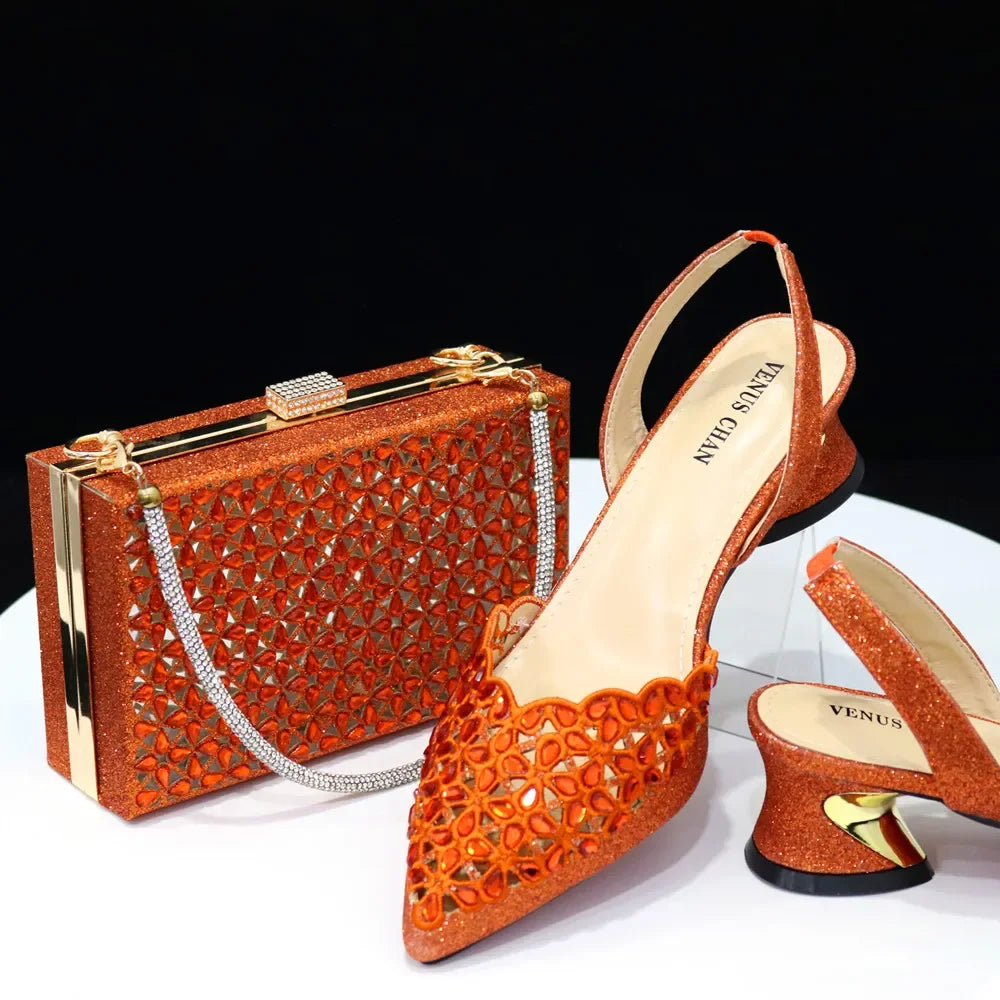 Venus Chan Low Heel Shoes for Women Hollowed Out Embroidery Rhinestone Italian Design Gold Color Pointed-Toe Shoes and Bags Set ORANGE FOR SET