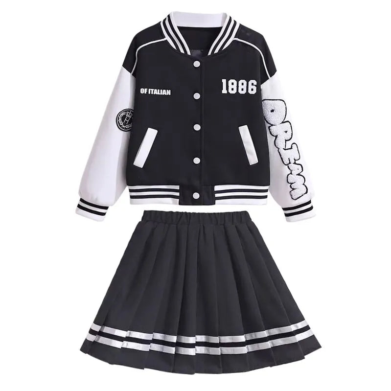 Junior Girls Autumn Baseball Suits Jacket & Pleated Skirt 2 Pcs Outfits School Uniform Sets Kids Sports Casual Clothing 7-14Y White