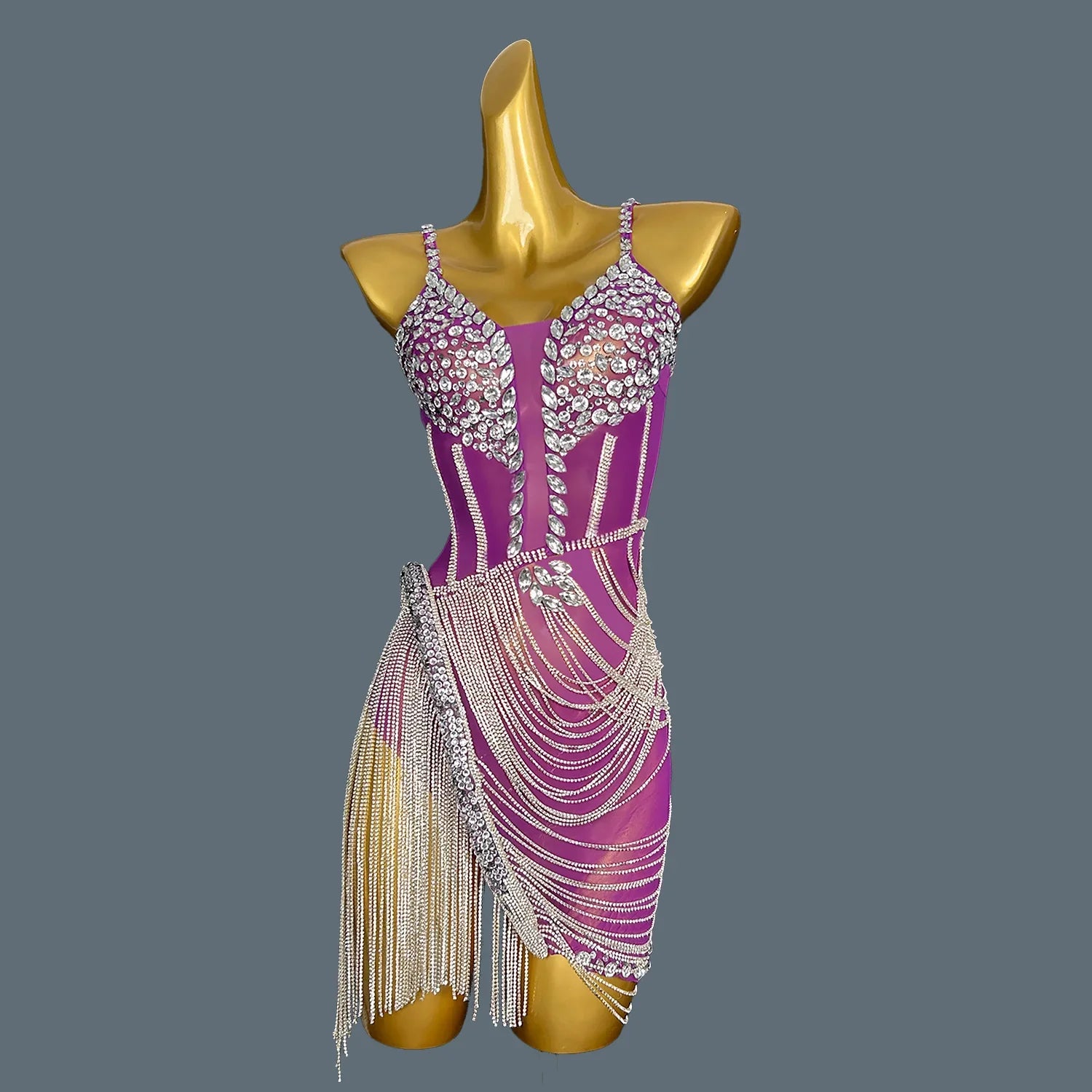 Women Shiny Red Crystal Chain Diamonds Dress Elastic Sexy Mini Night Club Performance Costume Birthday Party Dress Tassel Liehu PURPLE