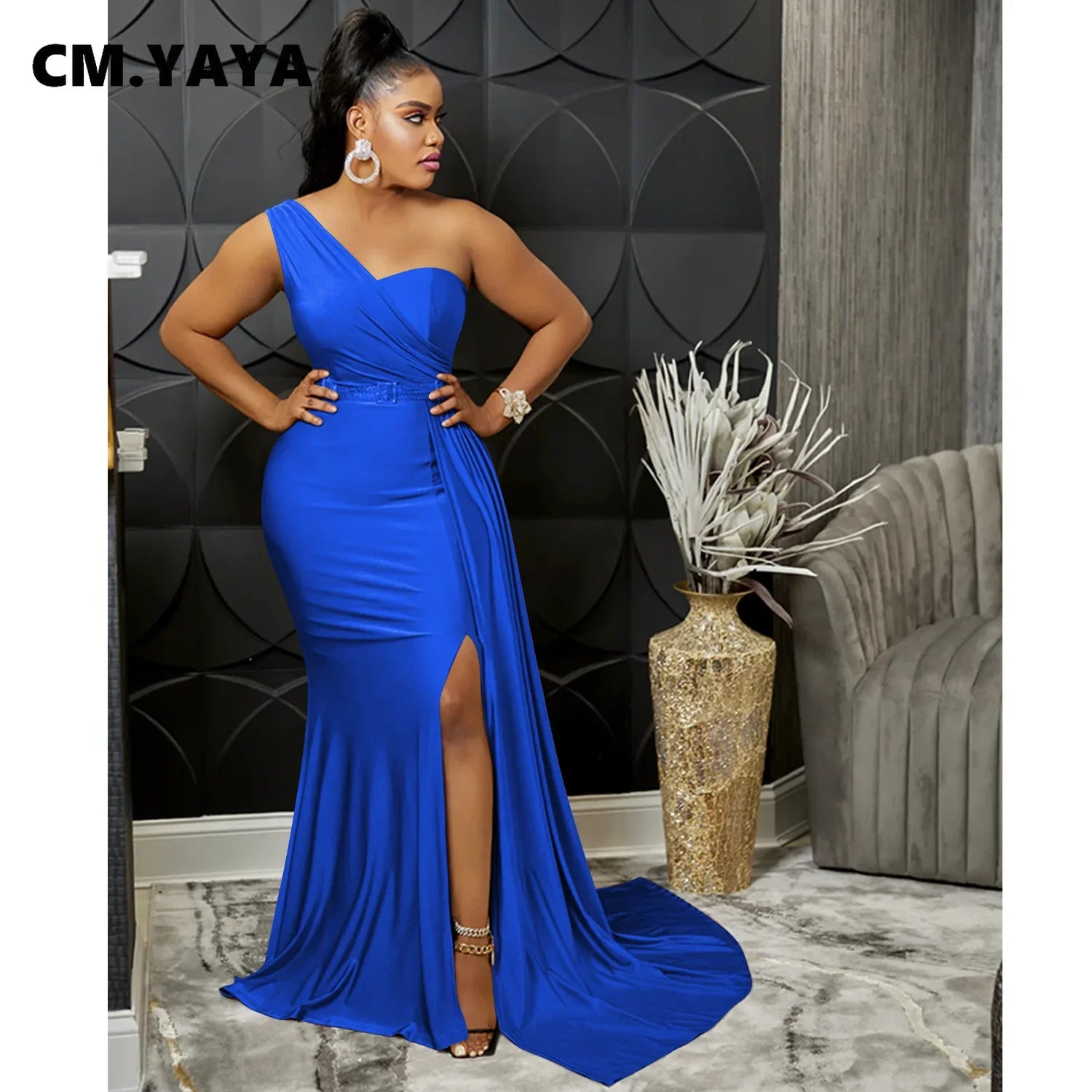 CM.YAYA One Shoulder Skew Neck Tassel Side Floor Length Mermaid Long Maxi Dress Women 2022 Sexy Party Club Even Prom Dresses