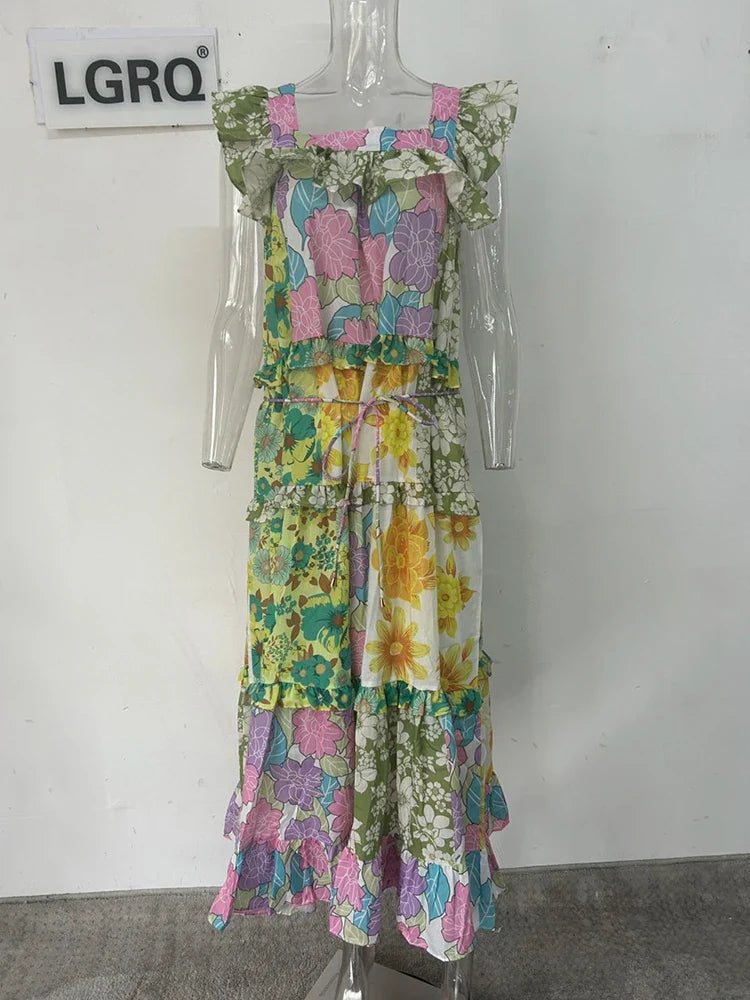 LGRQ Trendy Ruched Hemline Design Printed Long Dresses Summer Ruffle Fashion Sleeveless Elegant Luxury Dress Girls 19F1381 As Shown in Figure