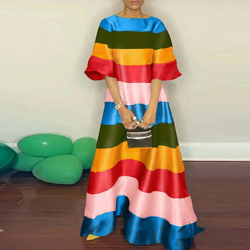 Luxury Rainbow Striped Women Evening Dress Sexy Elegant Loose Short Sleeve Maxi Dress Women Backless O-neck Bohe Dresses