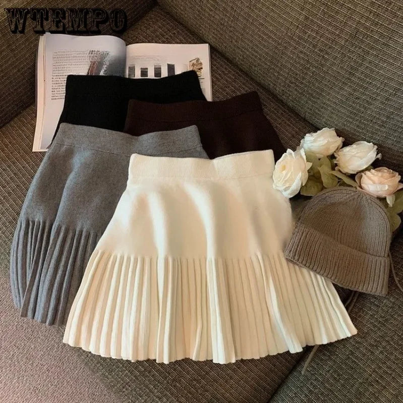 Pleated Skirt Women's Winter High-waisted A-line Skirt Knitted Skirt Preppy Style Women Clothing