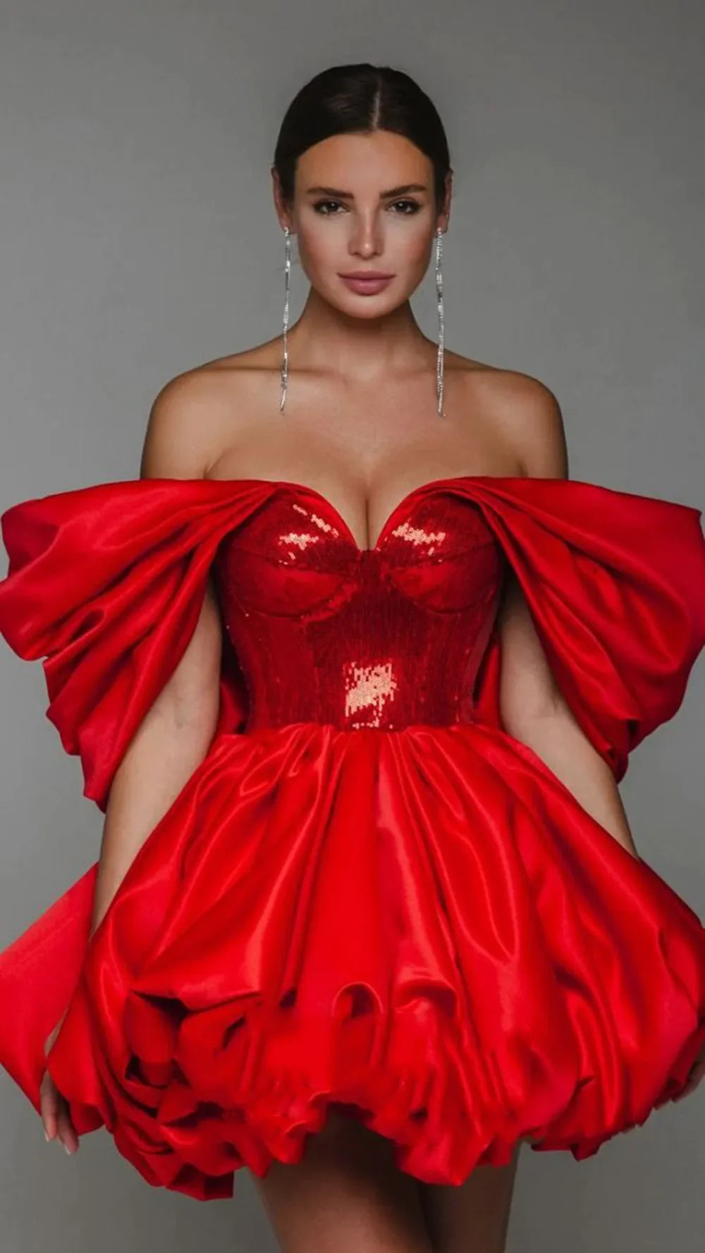 Spring Red Color Women Sexy Strapless Ball Gowm Mini Shinning Sequins Dress Celebrate Birthday Party Christmas Dress