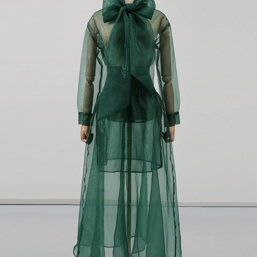 TWOTWINSTYLE Solid Sheer Two Piece Sets for Women Round Neck Long Sleeves Spliced Bowknot Top High Waist Skirt Set Female New