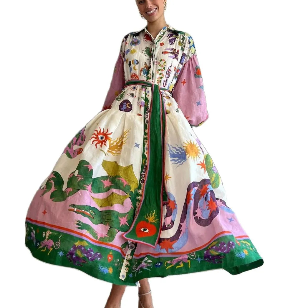 Polo Neck Printed Dress For Women Autumn New Retro French Palace Style Long Lantern Sleeve Loose Vintage Dresses Clothing as picture