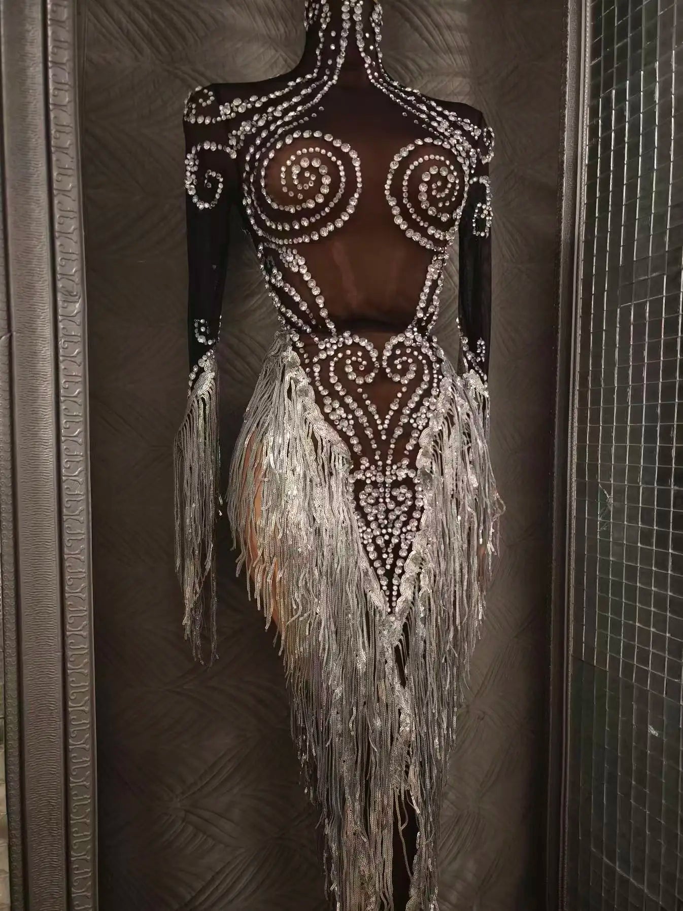 Women Sexy Mesh Silver Black Crystal Stretchy Night Club See Through Singer Dancer Tassel Stage Costume Mini Party Dress