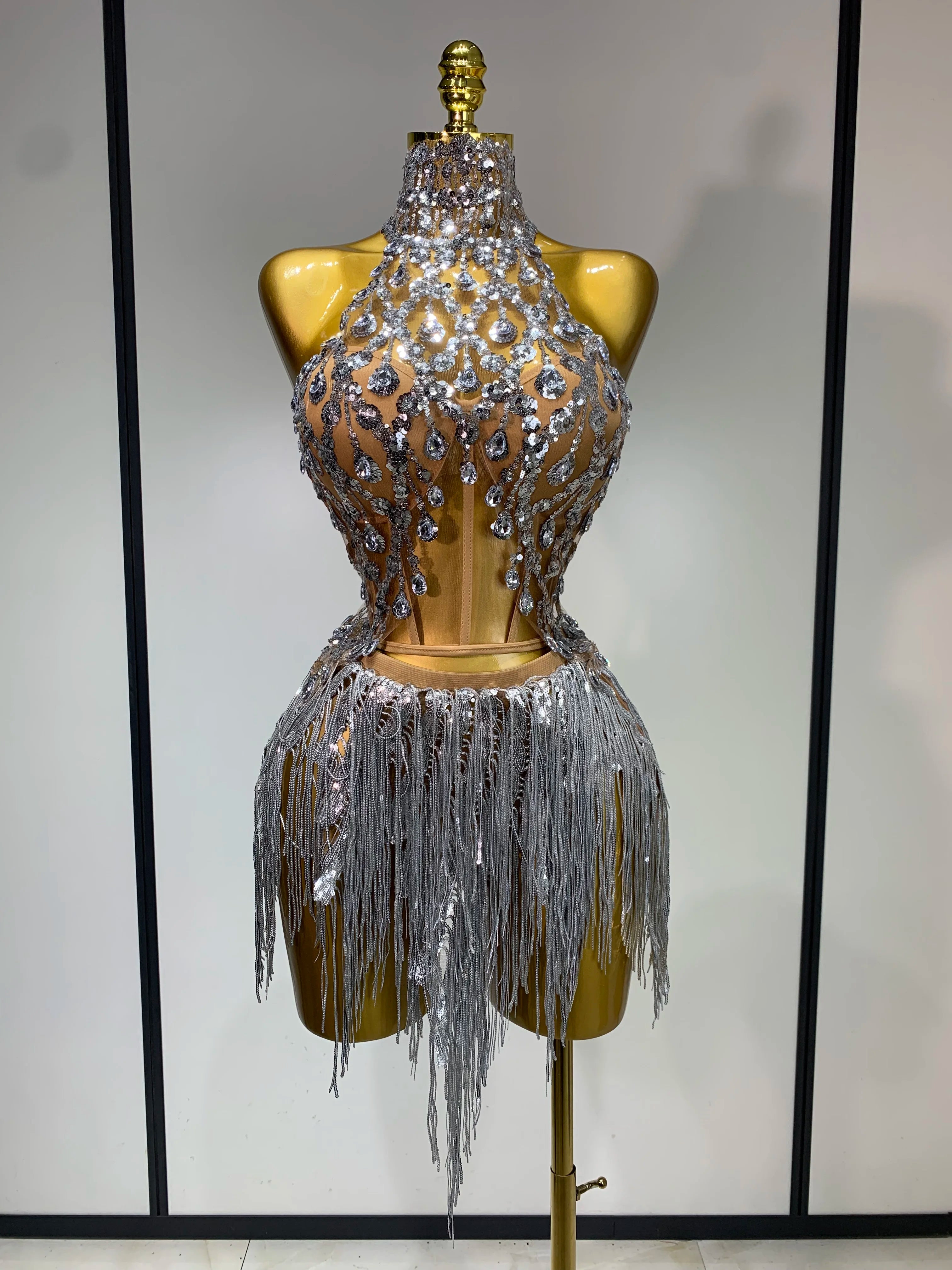 Women Sexy Shinning Rhinestone Tassels Two Pieces Set Nightclub Evening Party Birthday Bar Dancer Performance Stage Costume