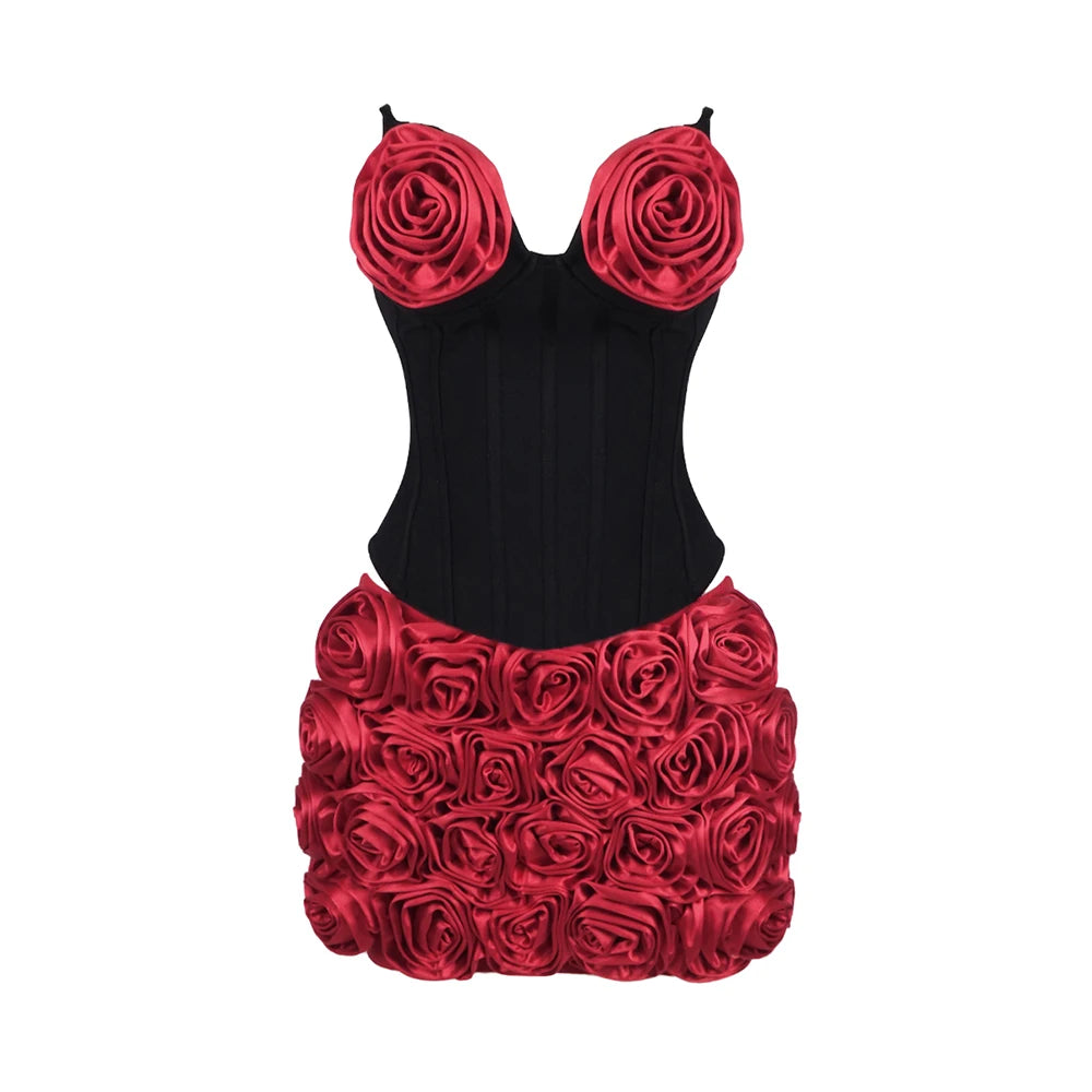 Stereoscopic Red Flower Woman Set Strapless Top And Mini Dress 2 pieces  Fashion Woman Evening Party Dress Birthday Party Outfit