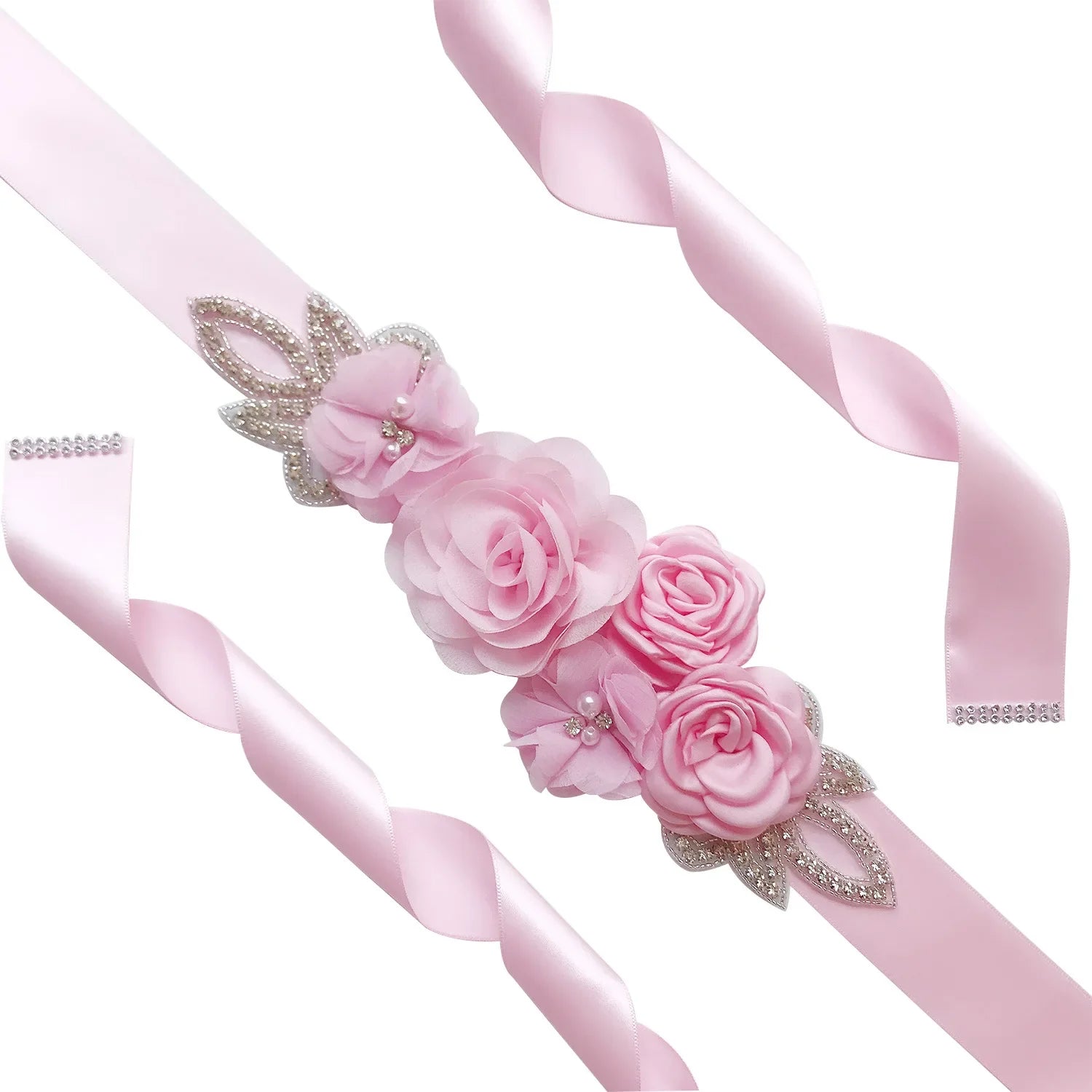 Wedding Accessories Bridal Belts Satin Flower Sash Woman Girl Belts Flower Bead Belts Floral Belt Wedding Rhinestone Flower Belt 1-Pink