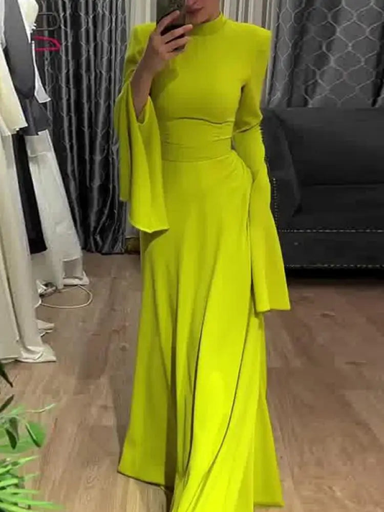 Onecozyday New Women Elegant Evening Dresses Ruffled Sleeve Turtleneck High Waisted Slim Fit Pleated Floor Length Dress