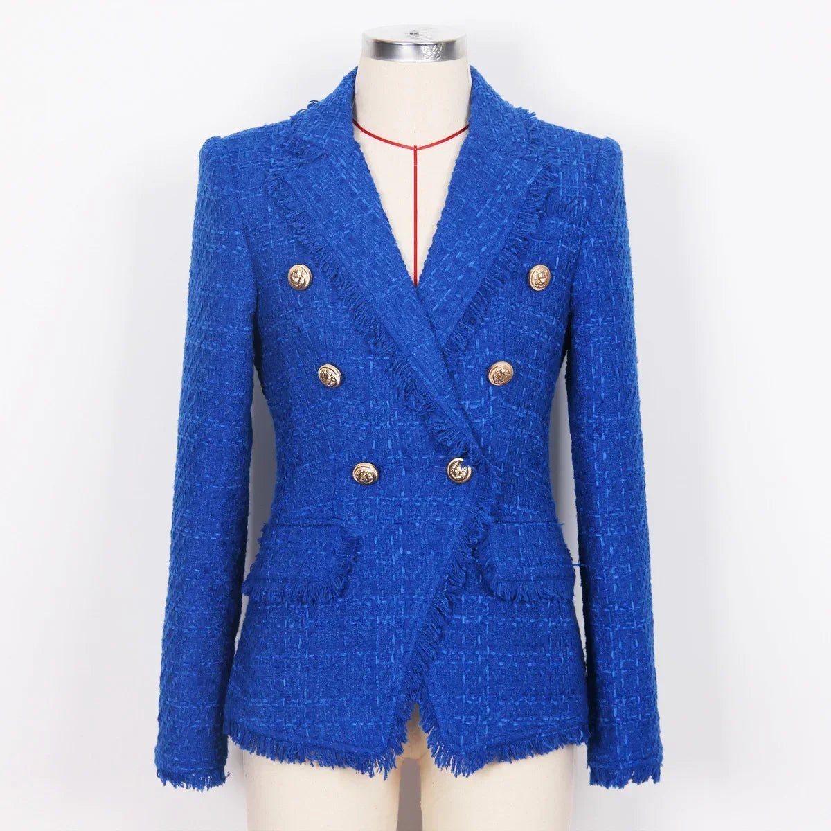 Fashionable and elegant tweed women's suit jacket with tassel edge gold buttons, high-quality design - black and white Azul