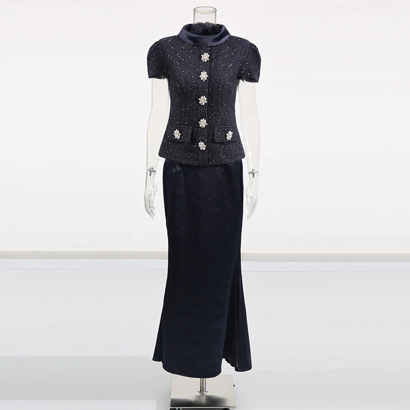 TWOTWINSTYLE Solid Slimming Two Piece Sets for Women Round Neck Short Sleeves Spliced Button Top High Waist Skirt Set Female New