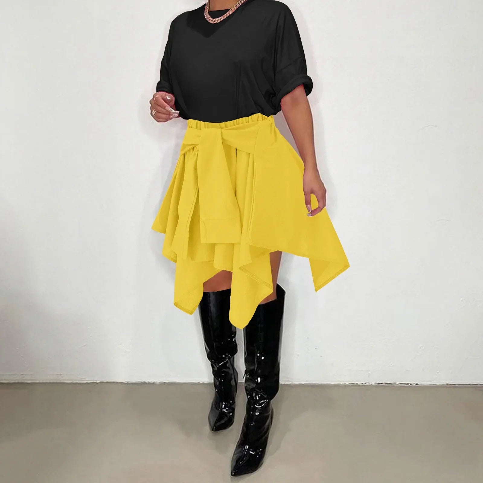 CM.YAYA Women Plaid Irregular High Waist Knee Length Skirts 2022 Summer Holiday Streetwear Sleeve Wrapped Lace Up Waist Skirt Yellow Solid