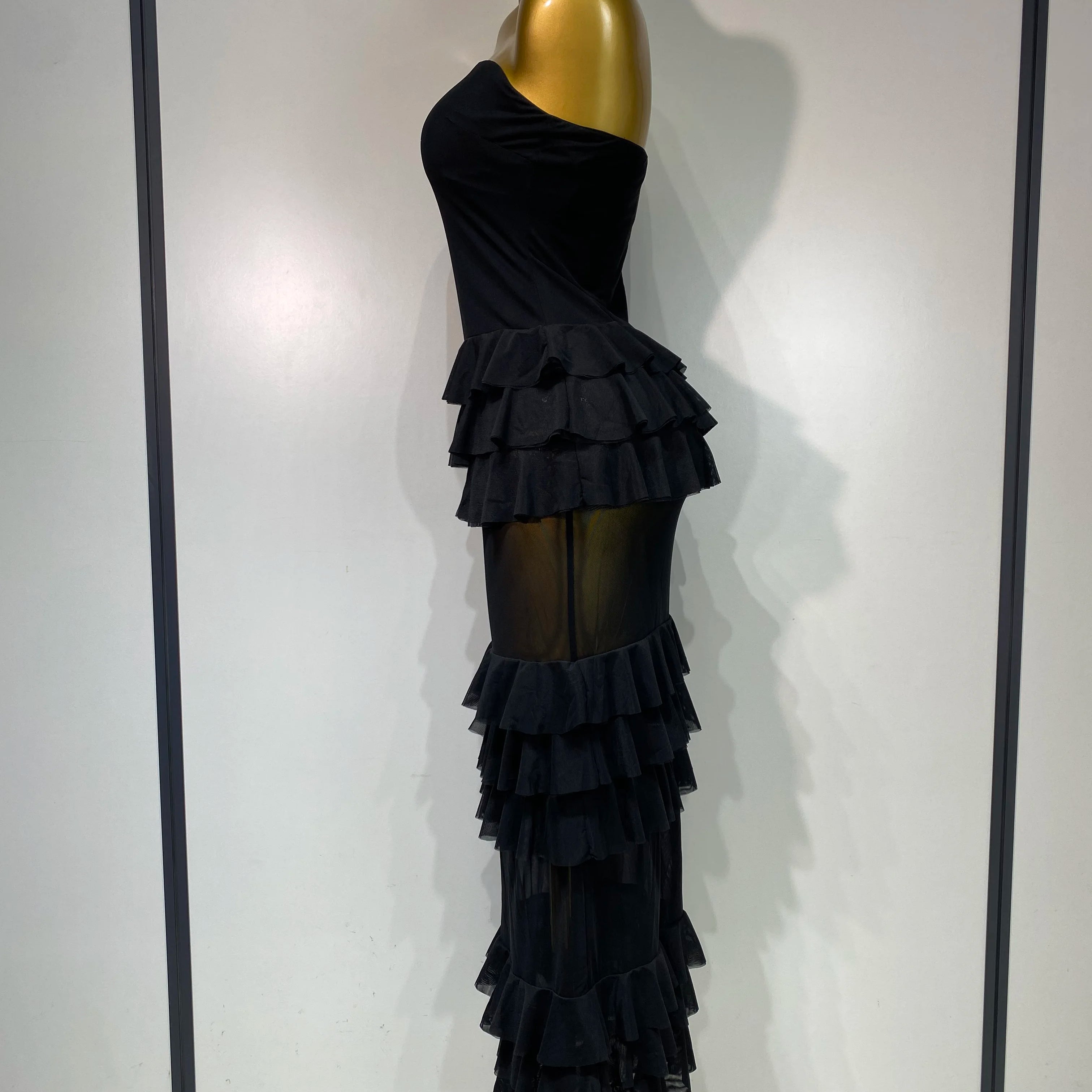 Women Sexy Strapless Ruffles Long Dress Black Backless Mesh See Through Design Dresses Evening Party Cocktail Birthday Dress