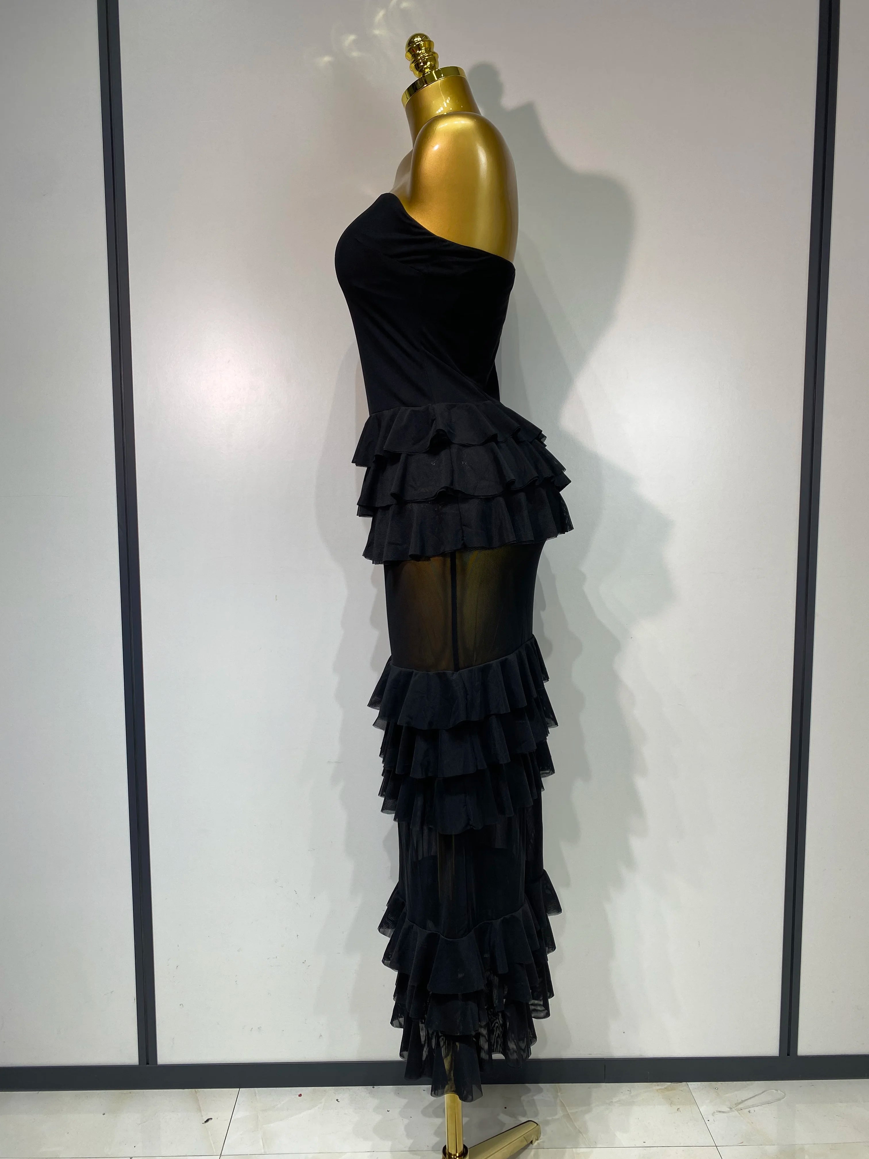 Women Sexy Strapless Ruffles Long Dress Black Backless Mesh See Through Design Dresses Evening Party Cocktail Birthday Dress