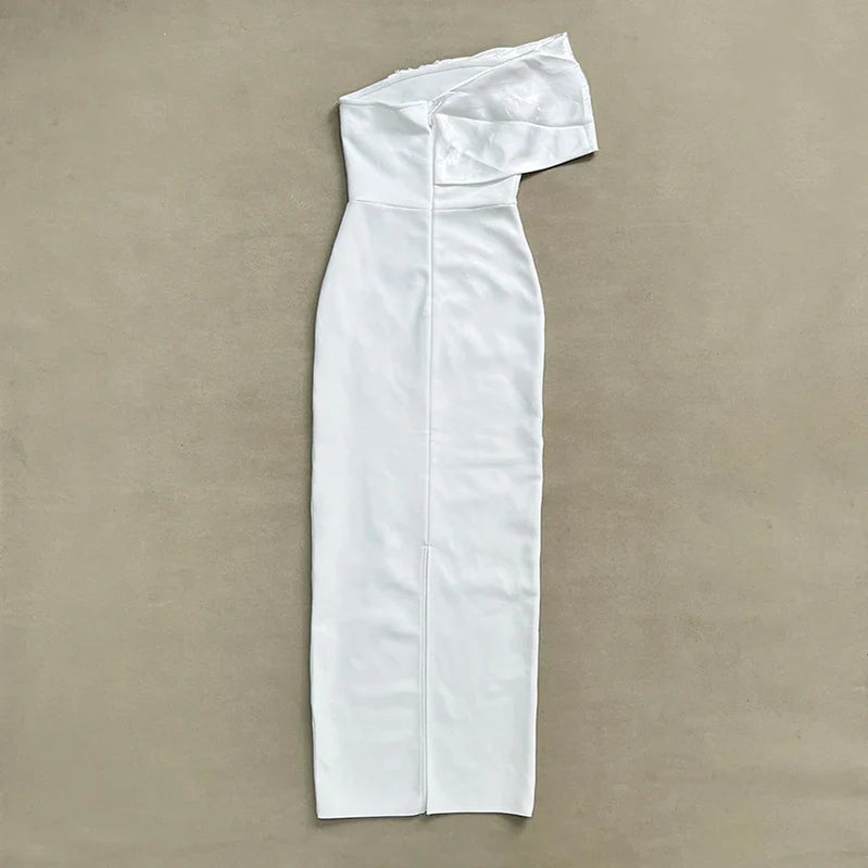 Black White Color Women Sexy One Shoulder Shinning Crystal Bodycon Long Bandage Dress Fashion Elegant Evening Party Outfit