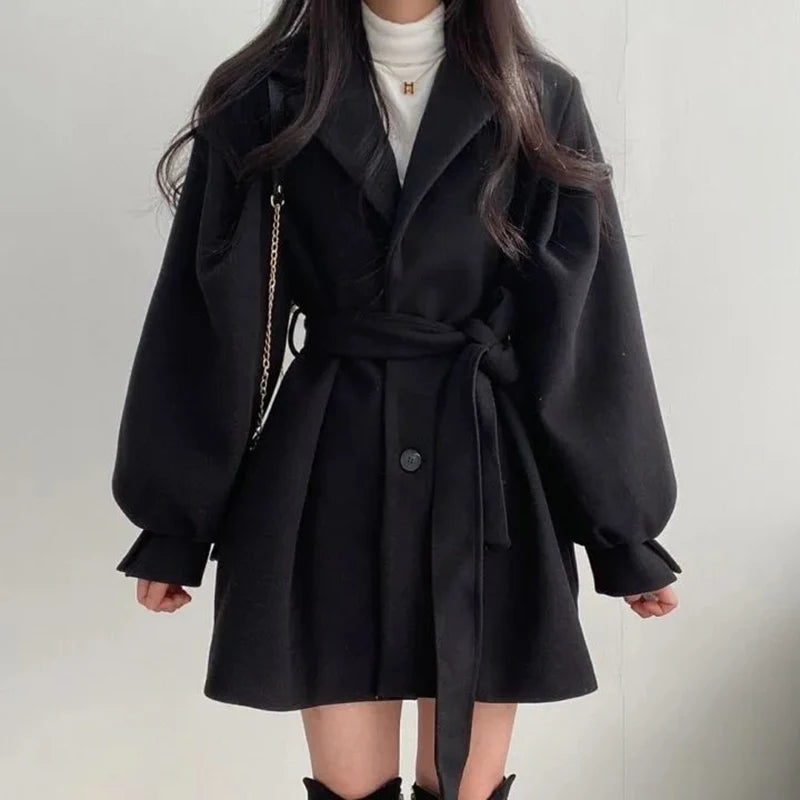 Women Woolen Lace-up Trench Coat With Pockets Turn-down Collar Buttons Long Sleeve TRAF Coat Overcoat Women Fall Winter